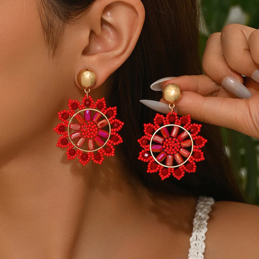 Bohemian Vintage Handmade Beaded Sunflower Pendant Earrings Fashionable Resort-Style Elegance Exquisite Niche Design Dangle Earr