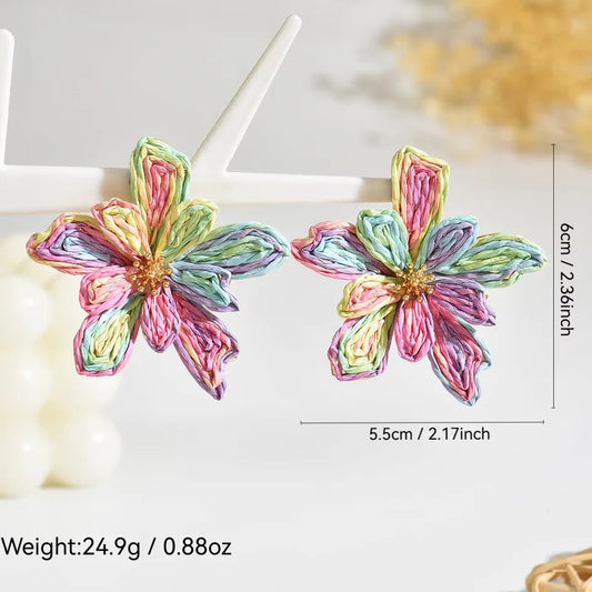 Boho Handmade Delicate Raffia Flower Earrings for Women Trendy Irregular Floral Summer Beach Jewelry Gift