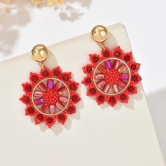 Bohemian Vintage Handmade Beaded Sunflower Pendant Earrings Fashionable Resort-Style Elegance Exquisite Niche Design Dangle Earr