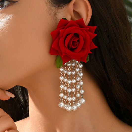 Romantic Imitation Pearl Rose Tassel Earrings for Women Simple Stylish Versatile Floral Daily Wear