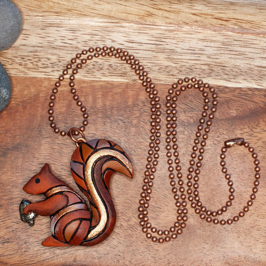 Squirrel Necklace or Ornament on Adjustable-length Leather or Chain, Spirit Animal Mosaic Totem, Cute Gift Idea for Backyard Animal Lover,