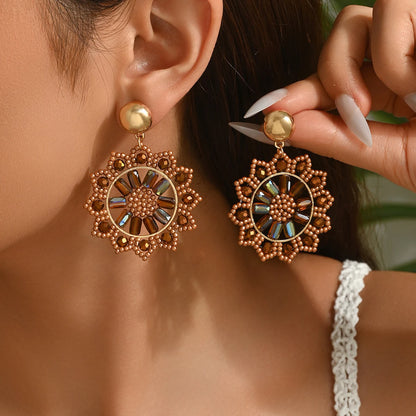 Bohemian Vintage Handmade Beaded Sunflower Pendant Earrings Fashionable Resort-Style Elegance Exquisite Niche Design Dangle Earr