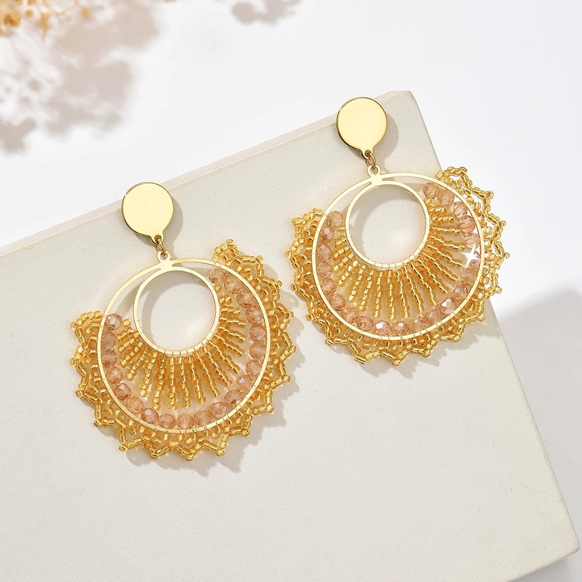 Bohemian Fan-Shaped Colored Bead Women's Earrings Retro Resort Style Unique Fashion Handmade Beaded Pendant Earrings