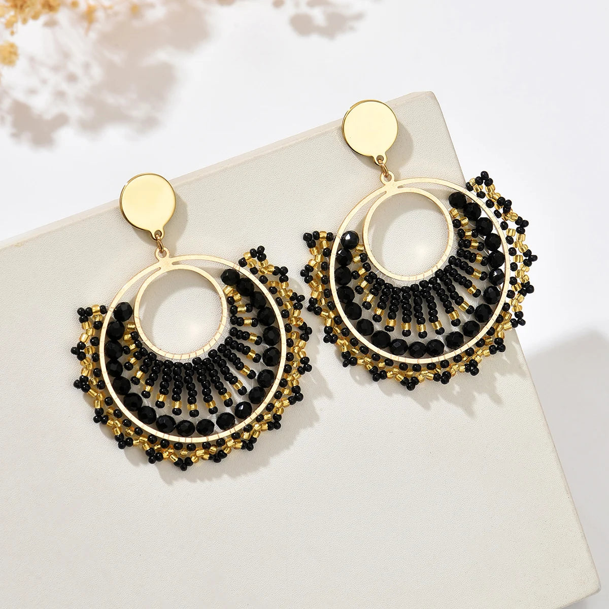Bohemian Fan-Shaped Colored Bead Women's Earrings Retro Resort Style Unique Fashion Handmade Beaded Pendant Earrings