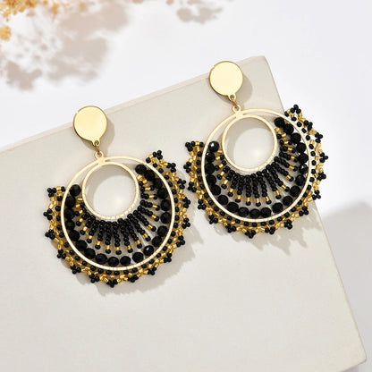 Bohemian Fan-Shaped Colored Bead Women's Earrings Retro Resort Style Unique Fashion Handmade Beaded Pendant Earrings