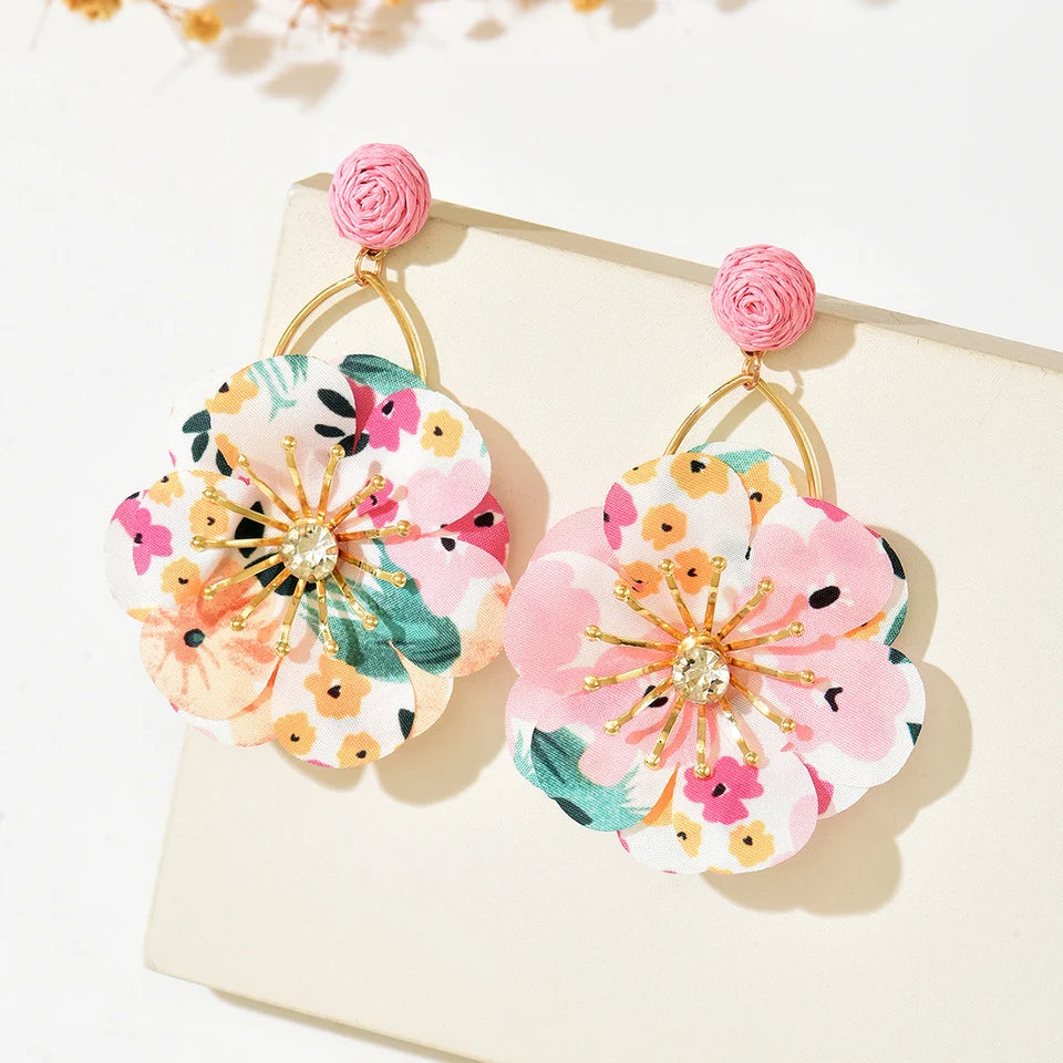 2026 New Bohemian Flower Earrings For Women Colorful Fabric Petal Dangle Earrings With Orange Raffia Stud Gold Hoop Statement Je