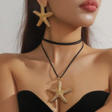 Women's Bohemian Exaggerated Big Starfish Pendant Long Necklace And Earrings Set Summer Ocean Animal Metal Jewelry for Party