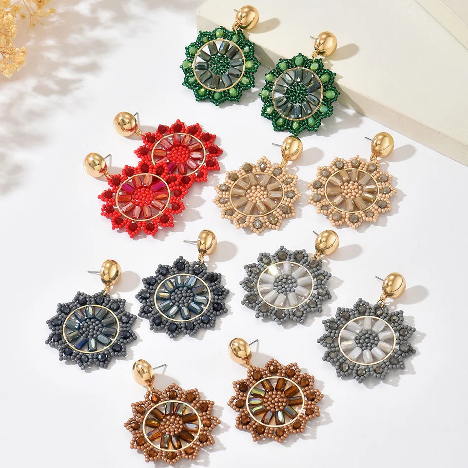 Bohemian Vintage Handmade Beaded Sunflower Pendant Earrings Fashionable Resort-Style Elegance Exquisite Niche Design Dangle Earr