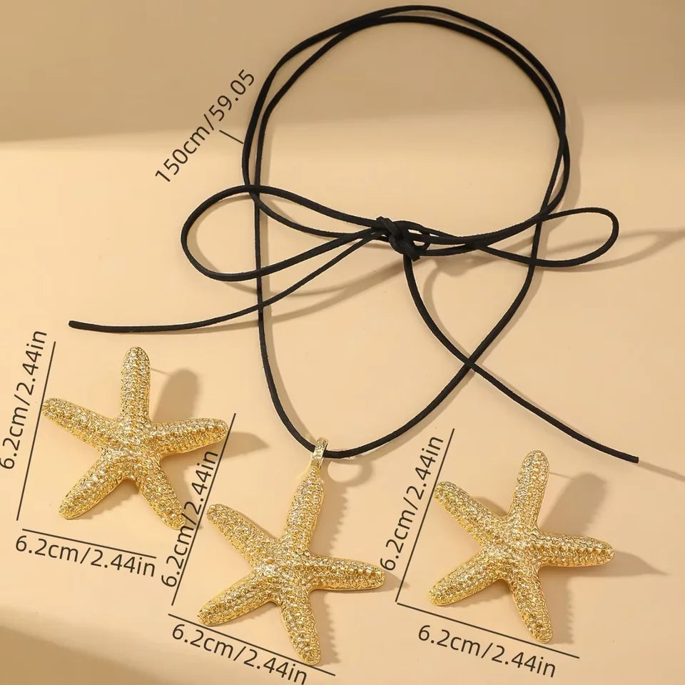 Women's Bohemian Exaggerated Big Starfish Pendant Long Necklace And Earrings Set Summer Ocean Animal Metal Jewelry for Party