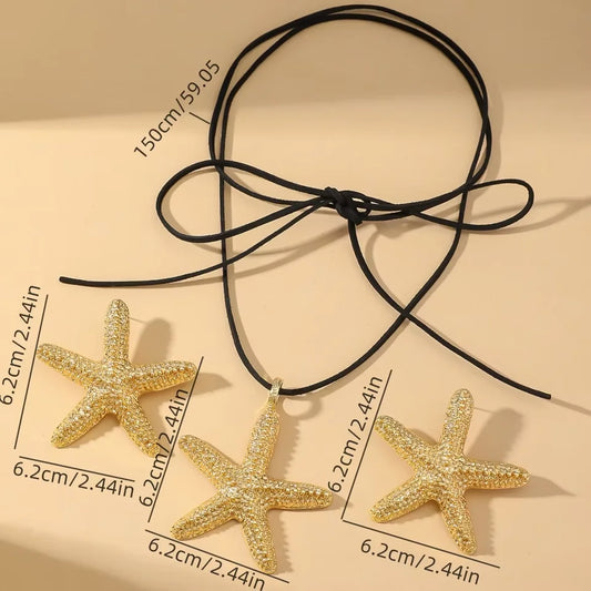 Women's Bohemian Exaggerated Big Starfish Pendant Long Necklace And Earrings Set Summer Ocean Animal Metal Jewelry for Party
