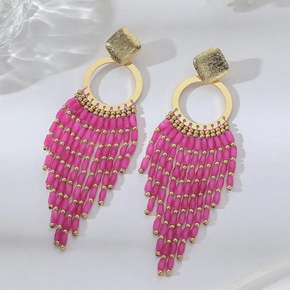 Women's Bohemian Ethnic Long Tassel Earrings with Crystal Beads Vintage Elegant Geometric Metal Drop Earrings Handmade Jewelry