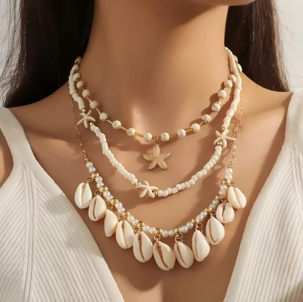 Women's Fashion Multilayer Starfish Shell Pendant Necklace Handmade Beaded Choker Summer Beach Party Jewelry Gift