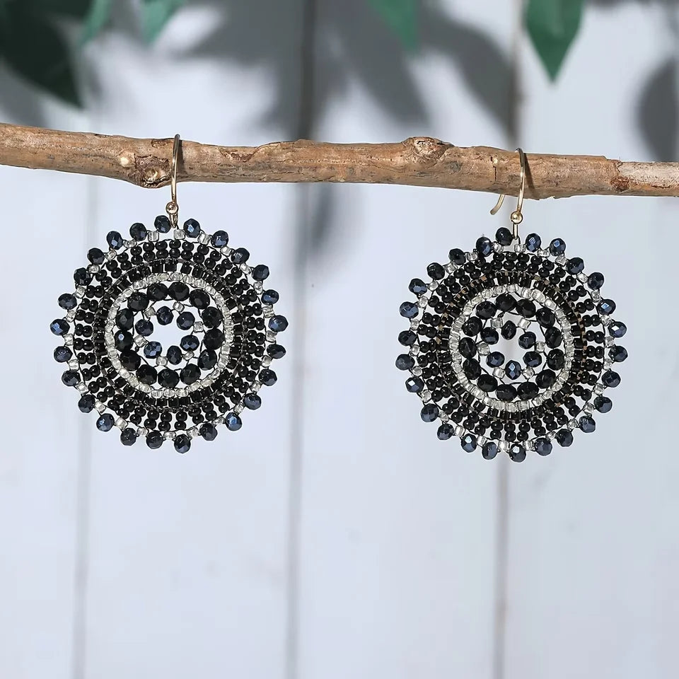 Exquisite Floral Design Drop Swing Earrings Vintage Boho Sparkling Rhinestone Beads for Vacation