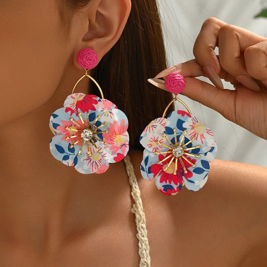 2026 New Bohemian Flower Earrings For Women Colorful Fabric Petal Dangle Earrings With Orange Raffia Stud Gold Hoop Statement Je
