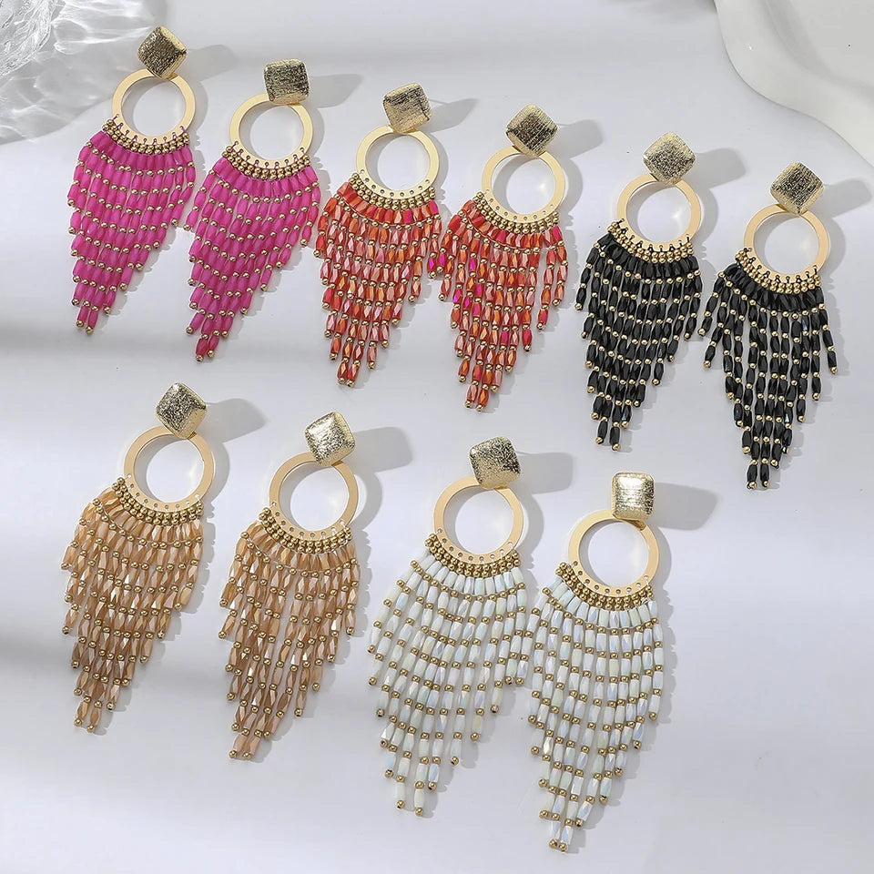 Women's Bohemian Ethnic Long Tassel Earrings with Crystal Beads Vintage Elegant Geometric Metal Drop Earrings Handmade Jewelry