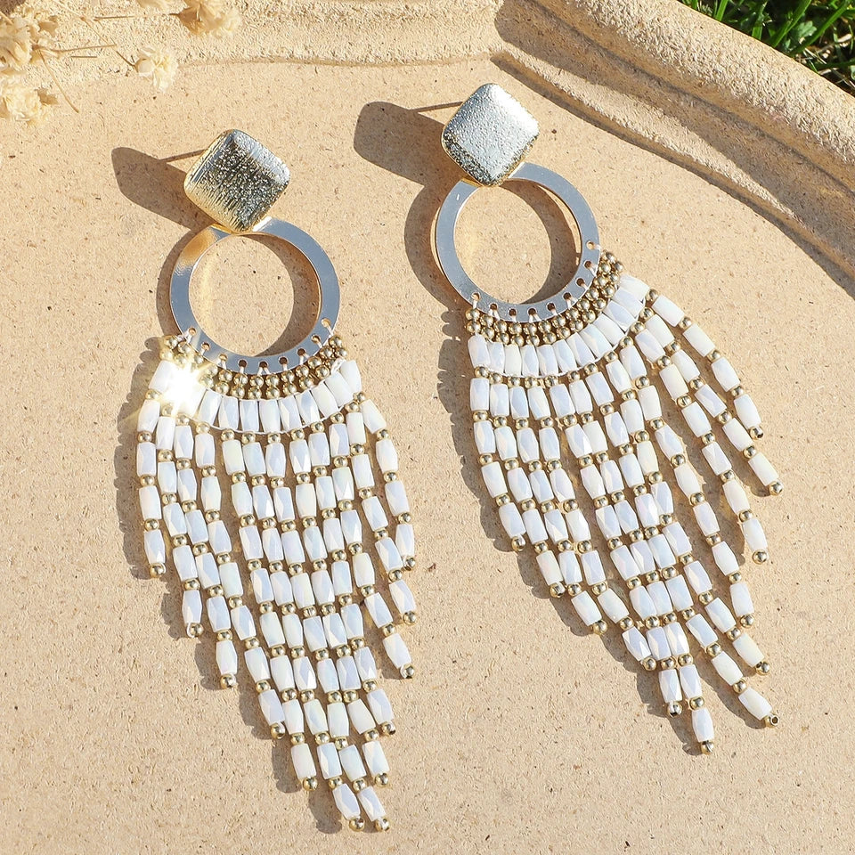Women's Bohemian Ethnic Long Tassel Earrings with Crystal Beads Vintage Elegant Geometric Metal Drop Earrings Handmade Jewelry
