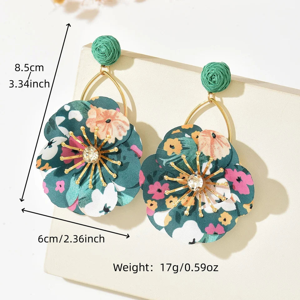 2026 New Bohemian Flower Earrings For Women Colorful Fabric Petal Dangle Earrings With Orange Raffia Stud Gold Hoop Statement Je