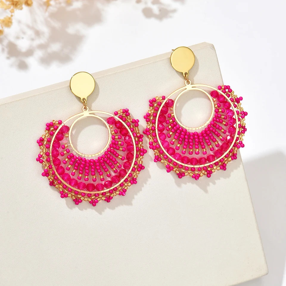 Bohemian Fan-Shaped Colored Bead Women's Earrings Retro Resort Style Unique Fashion Handmade Beaded Pendant Earrings