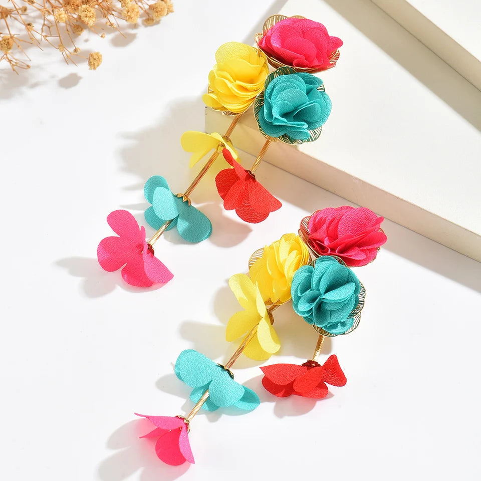 Elegant Burgundy Floral Long Dangle Earrings for Women