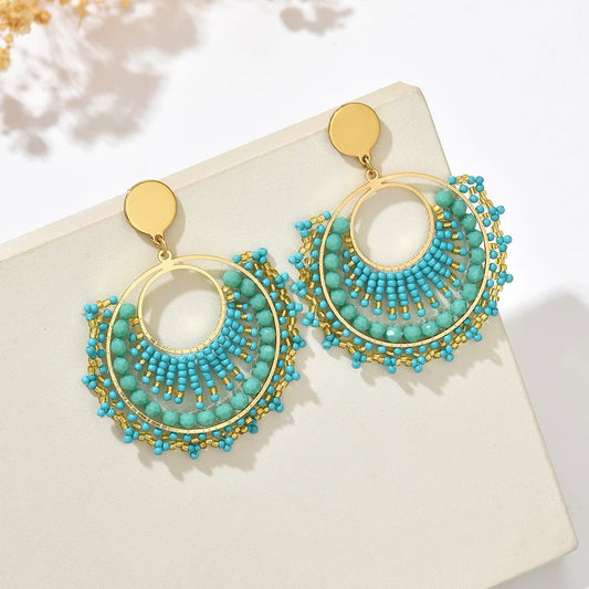 Bohemian Fan-Shaped Colored Bead Women's Earrings Retro Resort Style Unique Fashion Handmade Beaded Pendant Earrings
