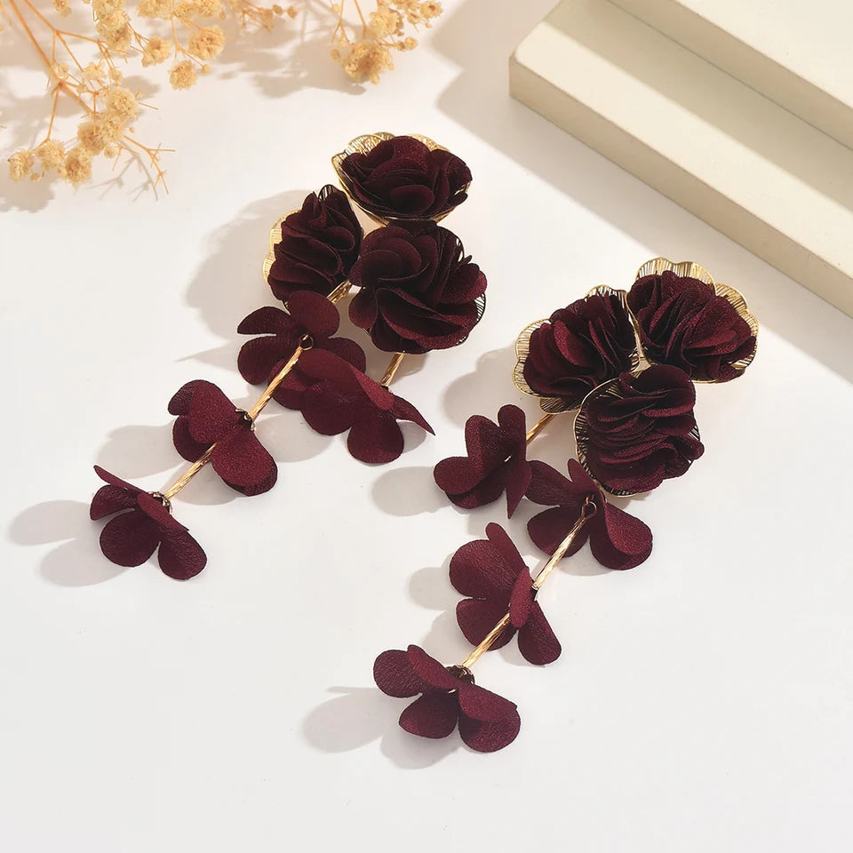 Elegant Burgundy Floral Long Dangle Earrings for Women