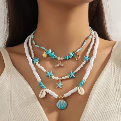 Women's Fashion Multilayer Starfish Shell Pendant Necklace Handmade Beaded Choker Summer Beach Party Jewelry Gift