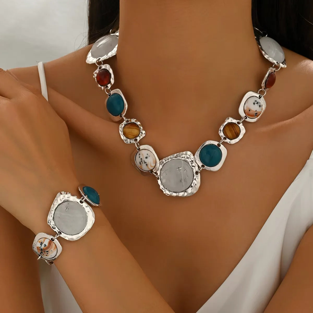Vintage Bohemia Fashion Jewelry Set Multi-color Irregular Geometric Chunky Exaggerated Metal Necklaces Bracelets Gifts