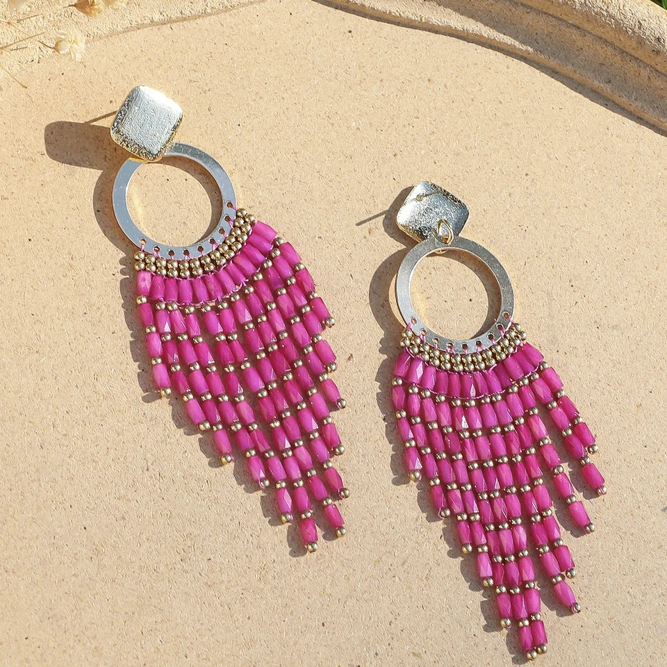 Women's Bohemian Ethnic Long Tassel Earrings with Crystal Beads Vintage Elegant Geometric Metal Drop Earrings Handmade Jewelry