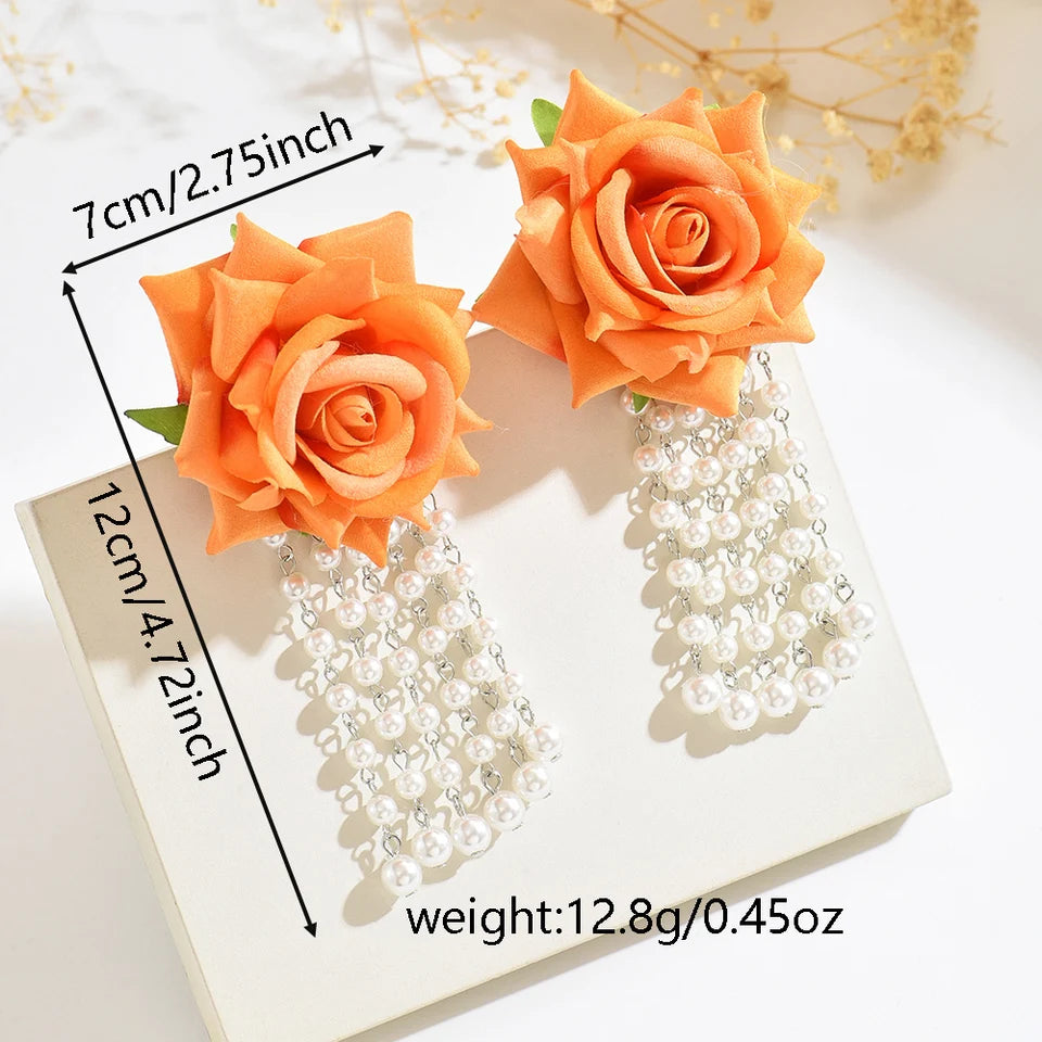 Romantic Imitation Pearl Rose Tassel Earrings for Women Simple Stylish Versatile Floral Daily Wear