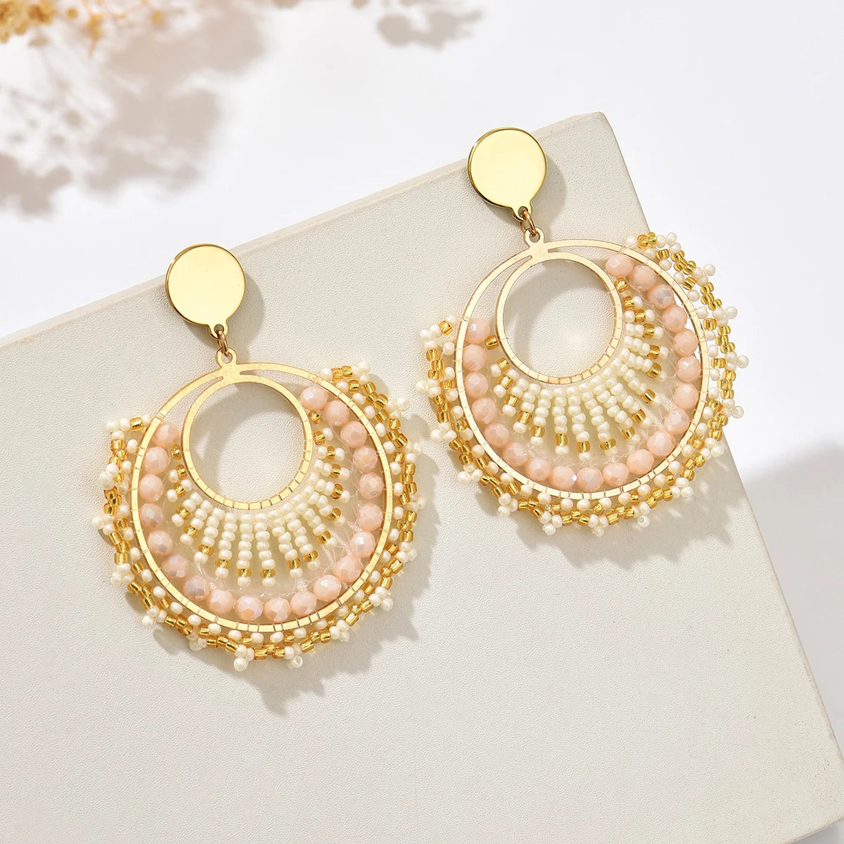 Bohemian Fan-Shaped Colored Bead Women's Earrings Retro Resort Style Unique Fashion Handmade Beaded Pendant Earrings