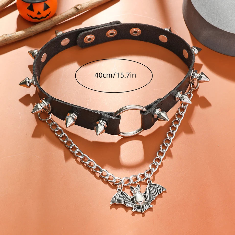 Gothic Punk Spiked Collar Necklace with Bat Pendant Leather Chain Women's Collar Alternative Fashion Jewelry