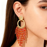 Women's Bohemian Ethnic Long Tassel Earrings with Crystal Beads Vintage Elegant Geometric Metal Drop Earrings Handmade Jewelry