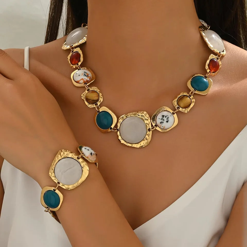 Vintage Bohemia Fashion Jewelry Set Multi-color Irregular Geometric Chunky Exaggerated Metal Necklaces Bracelets Gifts