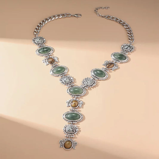 Retro Chunky Chain Geometric Resin Necklace Women's Asymmetrical Metal Necklace Ethnic-Style Jewelry Gift