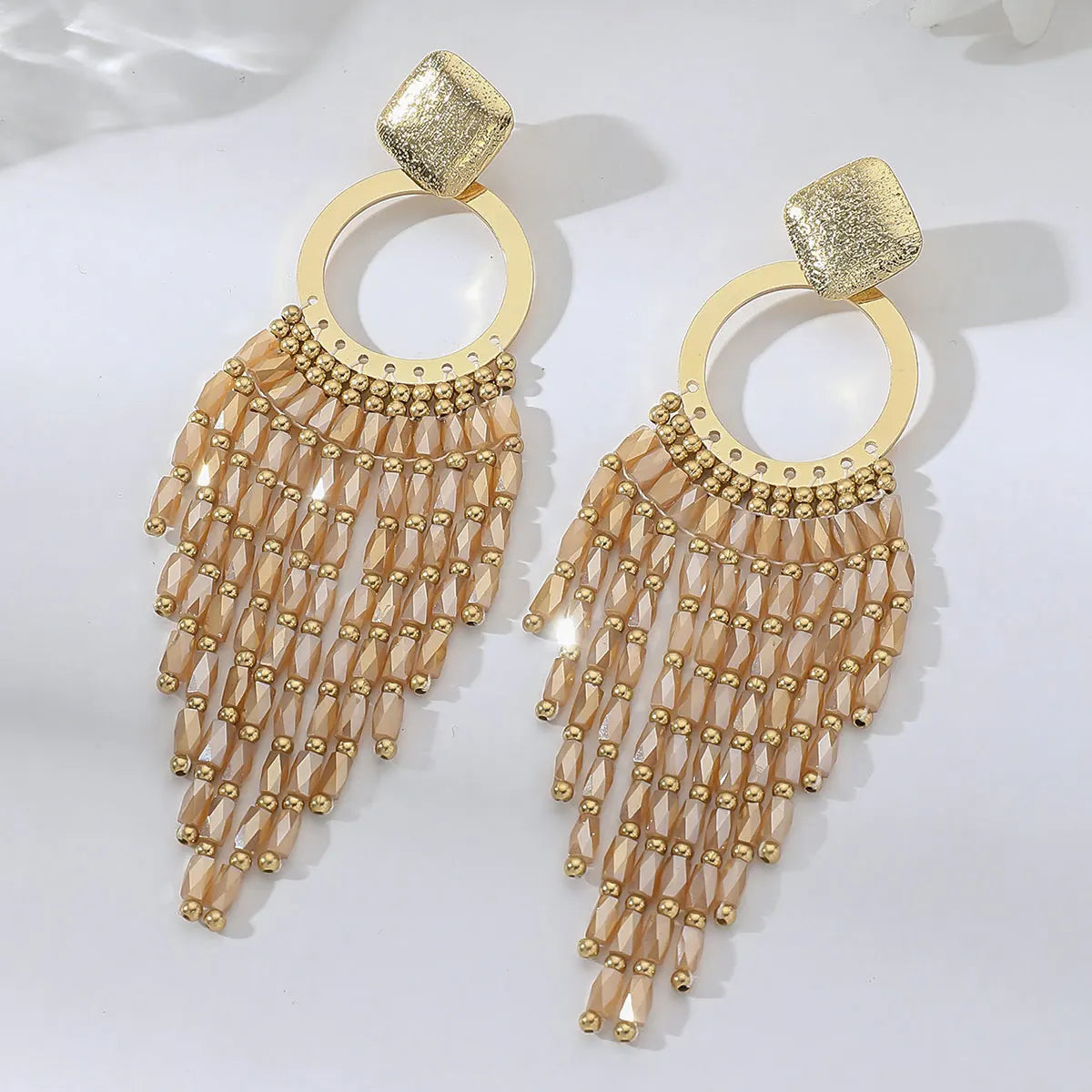 Women's Bohemian Ethnic Long Tassel Earrings with Crystal Beads Vintage Elegant Geometric Metal Drop Earrings Handmade Jewelry