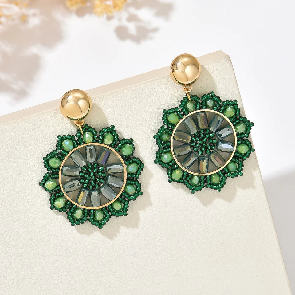 Bohemian Vintage Handmade Beaded Sunflower Pendant Earrings Fashionable Resort-Style Elegance Exquisite Niche Design Dangle Earr