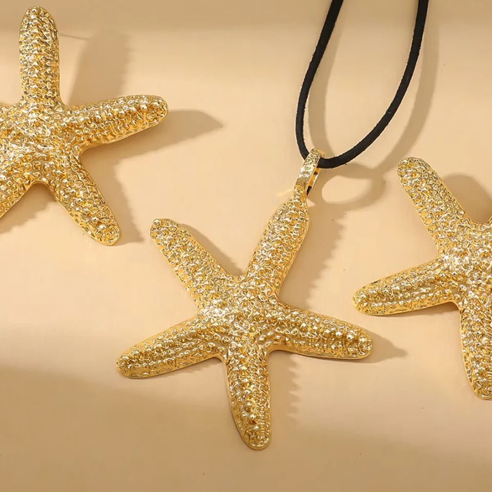 Women's Bohemian Exaggerated Big Starfish Pendant Long Necklace And Earrings Set Summer Ocean Animal Metal Jewelry for Party