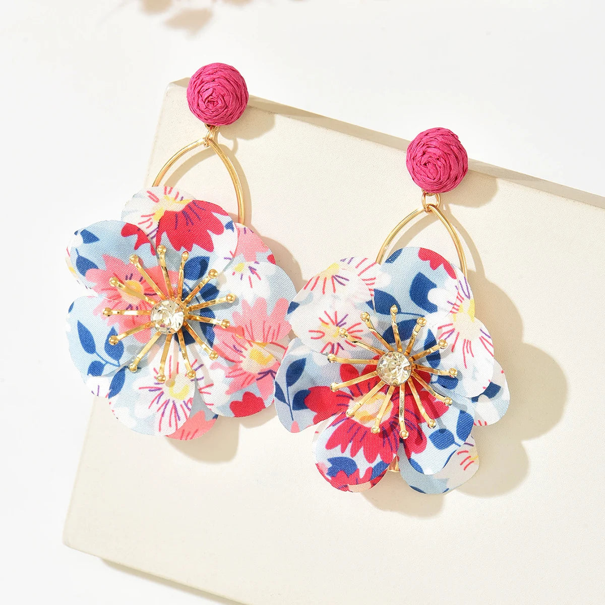 2026 New Bohemian Flower Earrings For Women Colorful Fabric Petal Dangle Earrings With Orange Raffia Stud Gold Hoop Statement Je