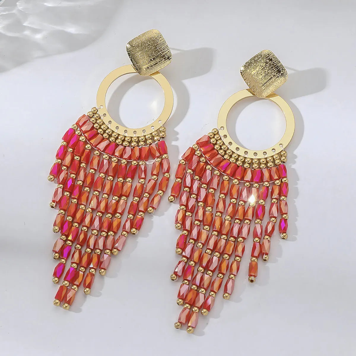 Women's Bohemian Ethnic Long Tassel Earrings with Crystal Beads Vintage Elegant Geometric Metal Drop Earrings Handmade Jewelry