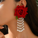 Romantic Imitation Pearl Rose Tassel Earrings for Women Simple Stylish Versatile Floral Daily Wear