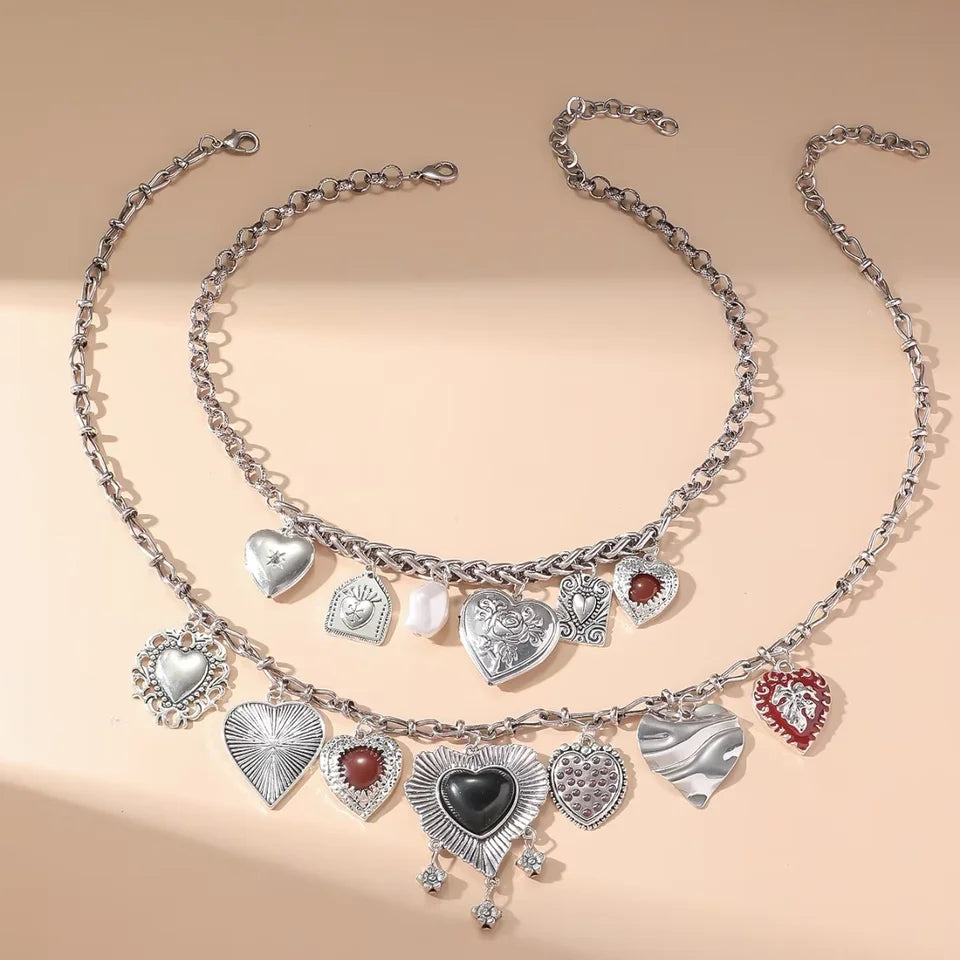 Women's Fashion Punk Double Layered Choker Necklace with Metal Heart Pendant Vintage Luxury Party Jewelry Gift