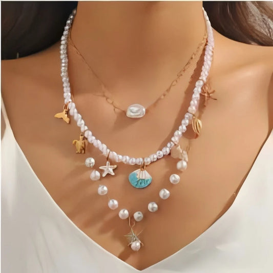 Women's Fashion Multilayer Starfish Shell Pendant Necklace Handmade Beaded Choker Summer Beach Party Jewelry Gift