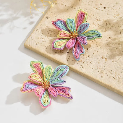 Boho Handmade Delicate Raffia Flower Earrings for Women Trendy Irregular Floral Summer Beach Jewelry Gift