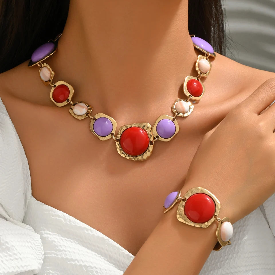 Vintage Bohemia Fashion Jewelry Set Multi-color Irregular Geometric Chunky Exaggerated Metal Necklaces Bracelets Gifts