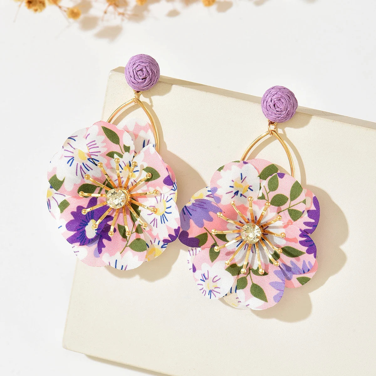 2026 New Bohemian Flower Earrings For Women Colorful Fabric Petal Dangle Earrings With Orange Raffia Stud Gold Hoop Statement Je