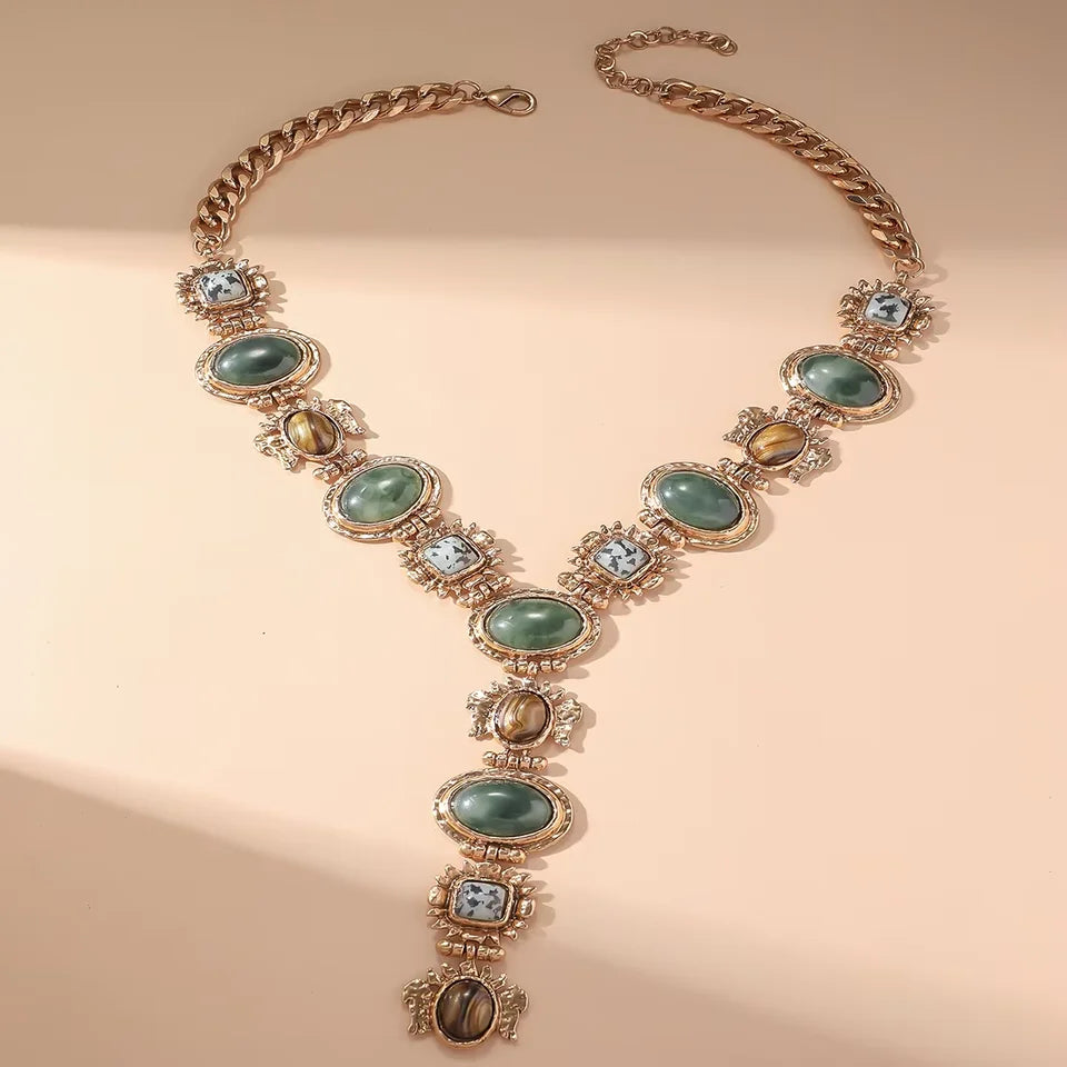 Retro Chunky Chain Geometric Resin Necklace Women's Asymmetrical Metal Necklace Ethnic-Style Jewelry Gift