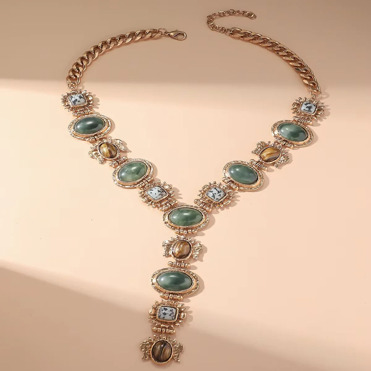 Retro Chunky Chain Geometric Resin Necklace Women's Asymmetrical Metal Necklace Ethnic-Style Jewelry Gift