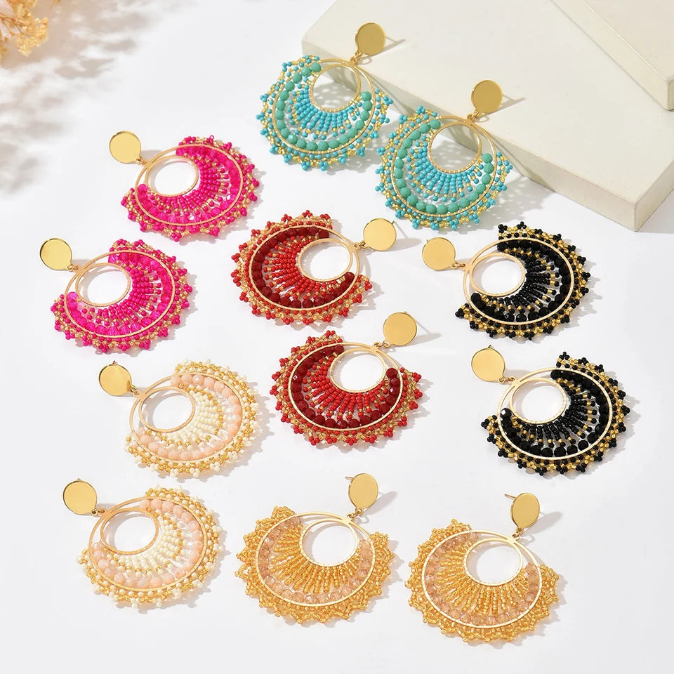 Bohemian Fan-Shaped Colored Bead Women's Earrings Retro Resort Style Unique Fashion Handmade Beaded Pendant Earrings