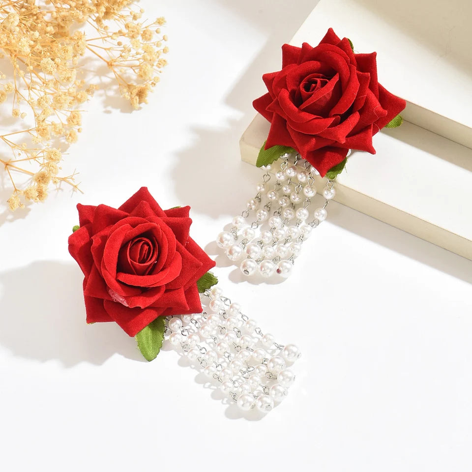Romantic Imitation Pearl Rose Tassel Earrings for Women Simple Stylish Versatile Floral Daily Wear