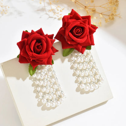 Romantic Imitation Pearl Rose Tassel Earrings for Women Simple Stylish Versatile Floral Daily Wear